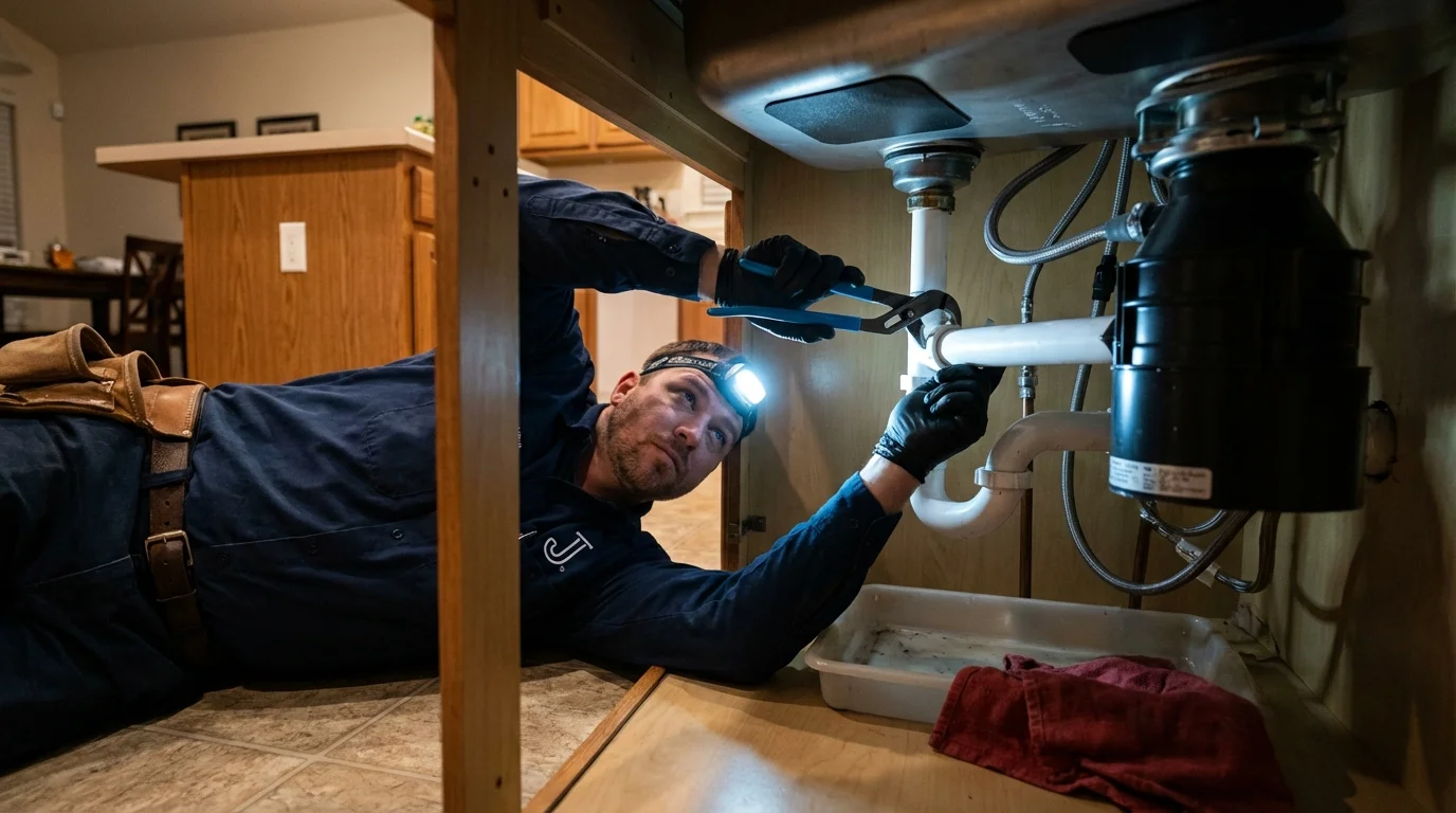 P-trap and supply line connections under a kitchen sink showing a common leak point in Orofino, ID